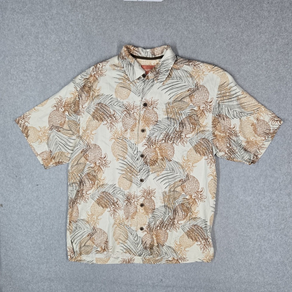 Tommy Bahama Men Button‎ Up Shirt L Beige Pineapple Print 100% Silk Hawaiian